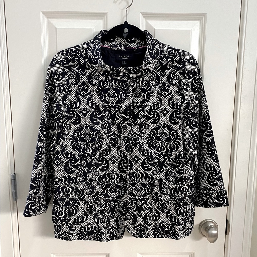 Talbots Damask Jacquard Blazer Jacket. Black & White Size-8